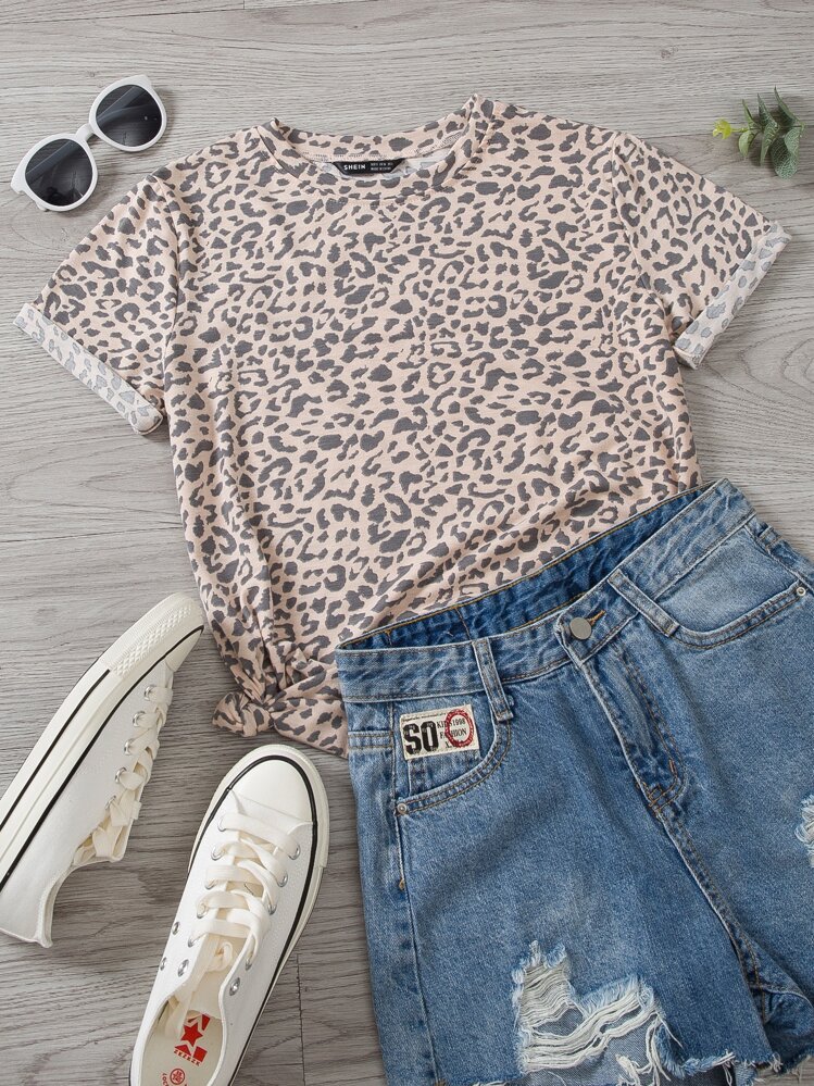SHEIN LUNE Leopard Crew Neck Tee - Multicolor - View 1