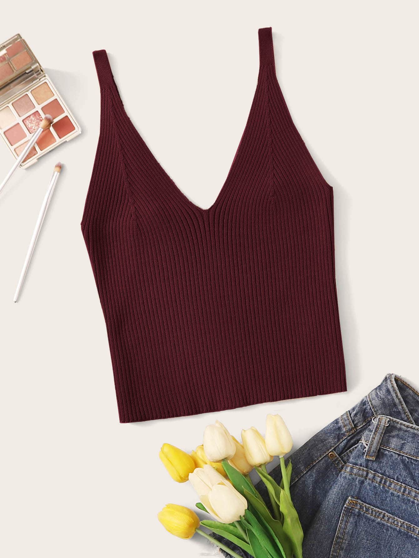 SHEIN Unity Ribbed V-Neck Crop Top - Burgundy - View 1