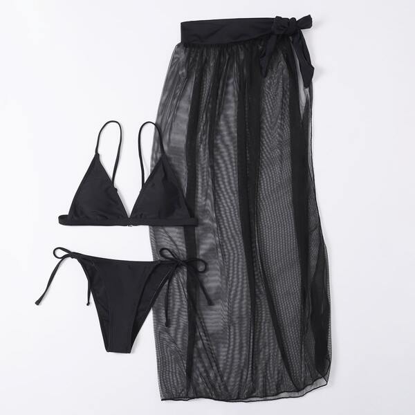 

3pack Triangle Thong Bikini Swimsuit & Cover Up Skirt, Black