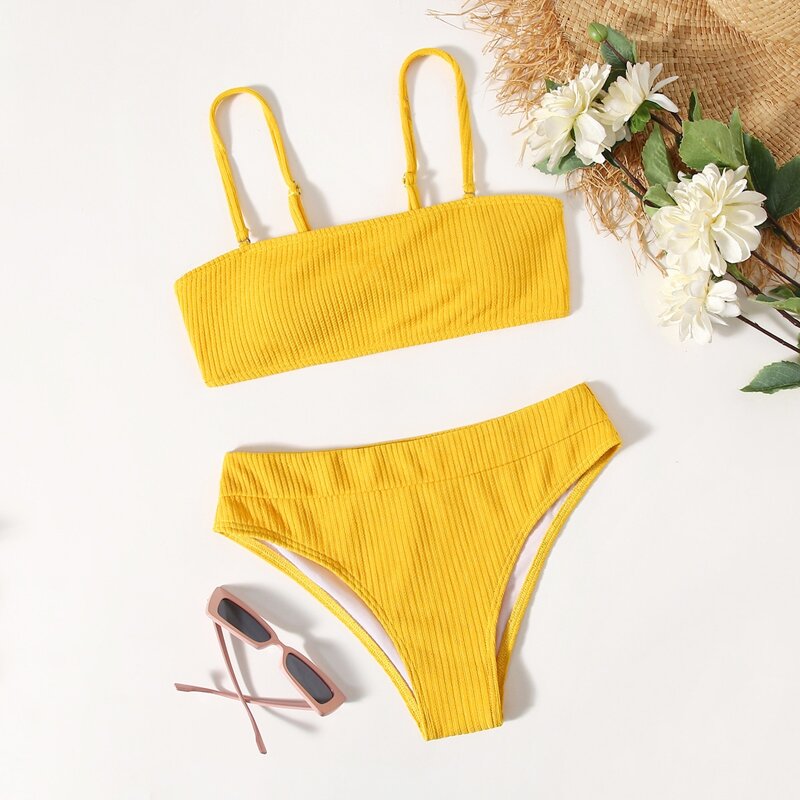 

Solid Rib Bikini Swimsuit, Yellow