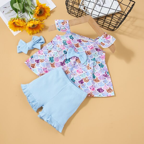 

Baby Girl Fish Scales Print Bow Front Top & Shorts & Headband, Multicolor