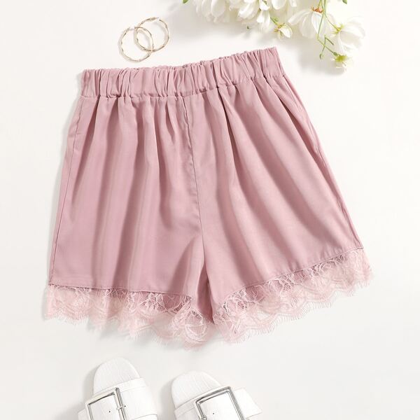 

Solid Contrast Lace Shorts, Baby pink