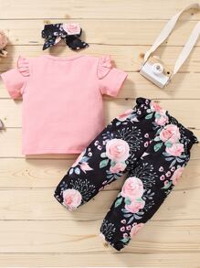 SHEIN Young Girl Letter Graphic Ruffle Trim Tee & Floral Pants & Headband - Multicolor - View 2