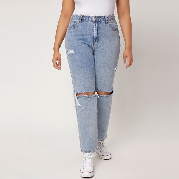 

Plus Ripped Detail Straight Leg Jeans, Light wash