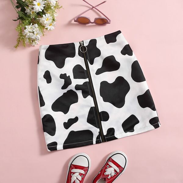 

Girls Cow Print Zip Up Skirt, Black and white