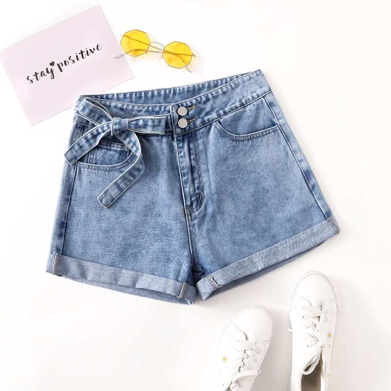 

Tie Side Rolled Hem Denim Shorts, Light wash