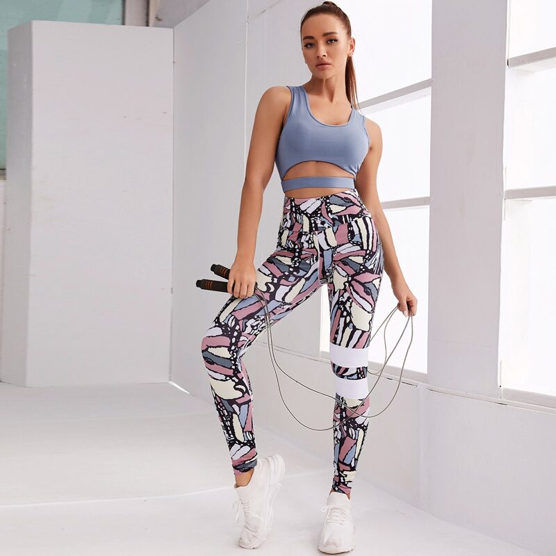 

High Stretch Cut Out Front Sports Bra & Leggings, Multicolor