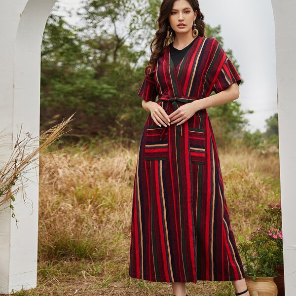 

Striped Belted Dual Pocket Abaya, Multicolor