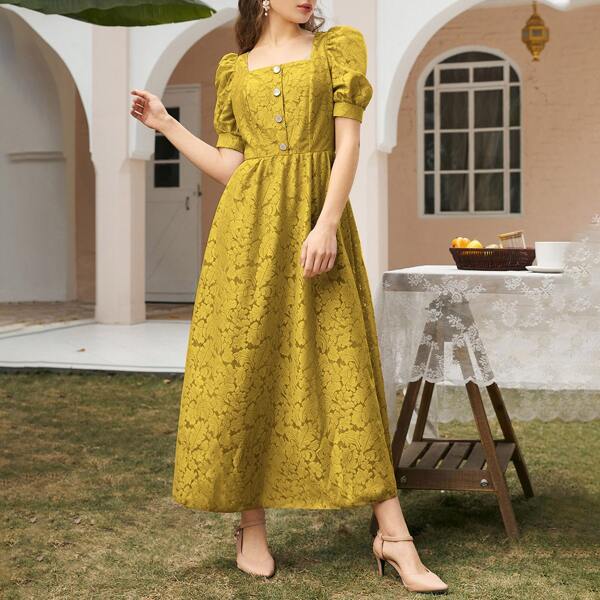 

Lace Button Front Puff Sleeve A-line Dress, Mustard yellow