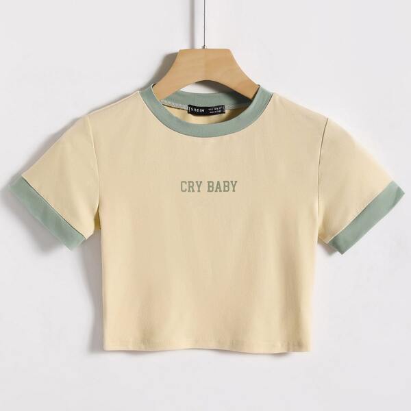 

1pc Contrast Binding Letter Graphic Crop Tee, Apricot