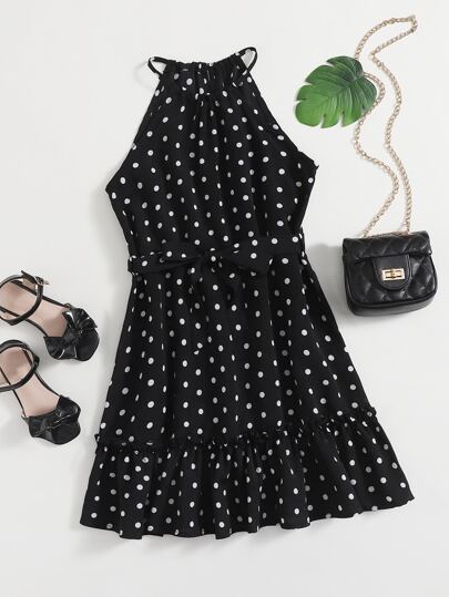 فستان بحزام مقلم بكشكشة بنقاط البولكا للبنات
