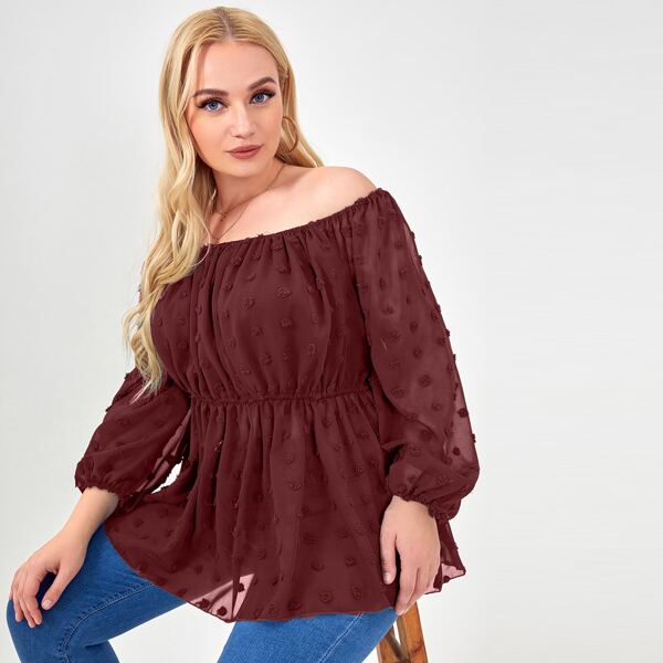 

Plus Swiss Dot Ruffle Hem Chiffon Bardot Blouse, Burgundy