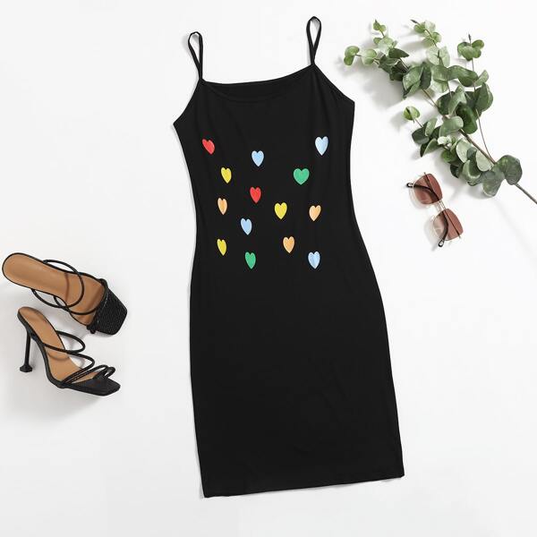 

Plus Heart Print Cami Dress, Black