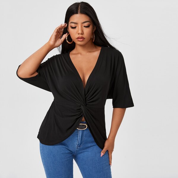

Plus Deep V-neck Twist Front Tee, Black