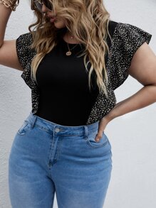 SHEIN LUNE Plus Contrast Sleeve Ditsy Floral Tee - Black - View 1