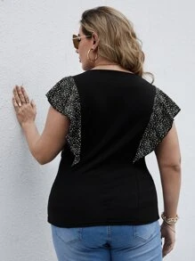 SHEIN LUNE Plus Contrast Sleeve Ditsy Floral Tee - Black - View 2