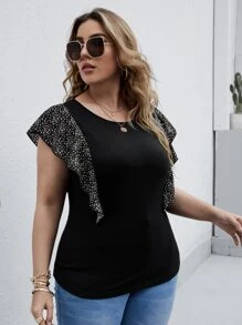SHEIN LUNE Plus Contrast Sleeve Ditsy Floral Tee - Black - View 3