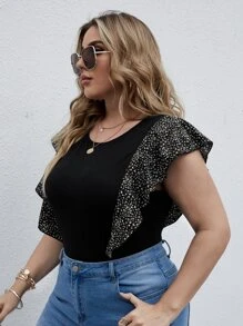 SHEIN LUNE Plus Contrast Sleeve Ditsy Floral Tee - Black - View 4