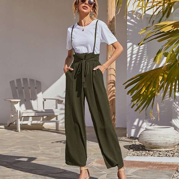 

Solid Slant Pocket Belted Suspender Pants, Dark green