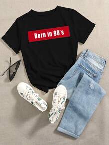 SHEIN Unity Camiseta con estampado de letra de manga corta - Negro - Ver 1