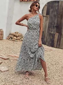 SHEIN Holidaya 滿版花卉單肩A字型連衣裙 - 彩色 - 查看 4