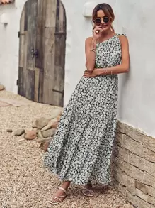 SHEIN Holidaya 滿版花卉單肩A字型連衣裙 - 彩色 - 查看 7