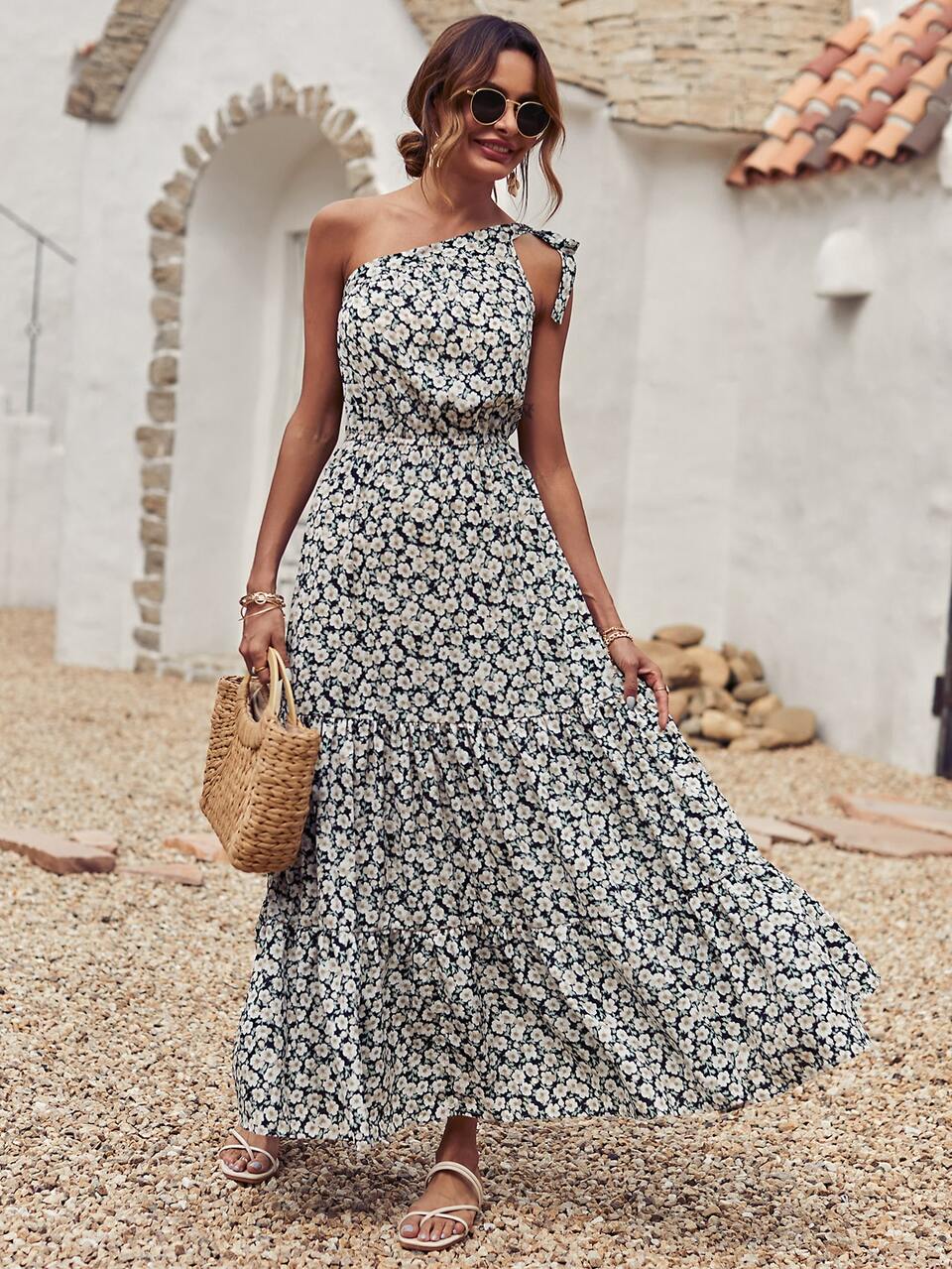 Allover Floral One Shoulder A-line Dress