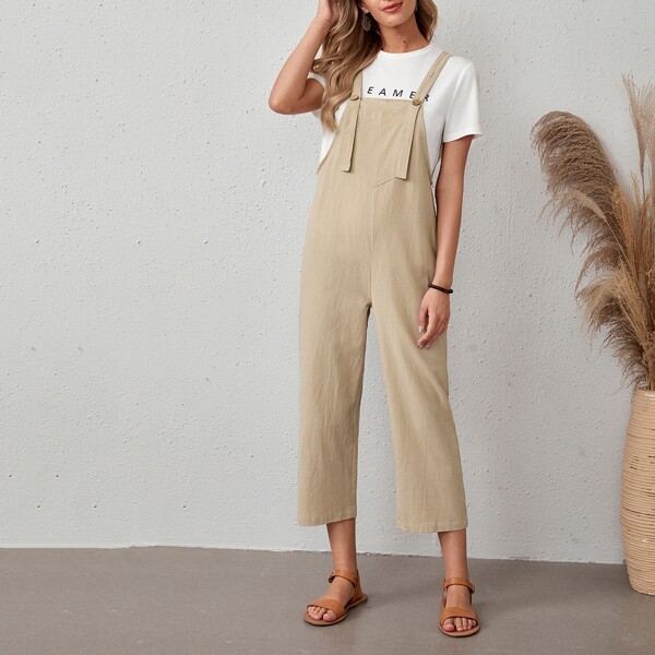 

Solid Button Detail Overall Jumpsuit, Khaki