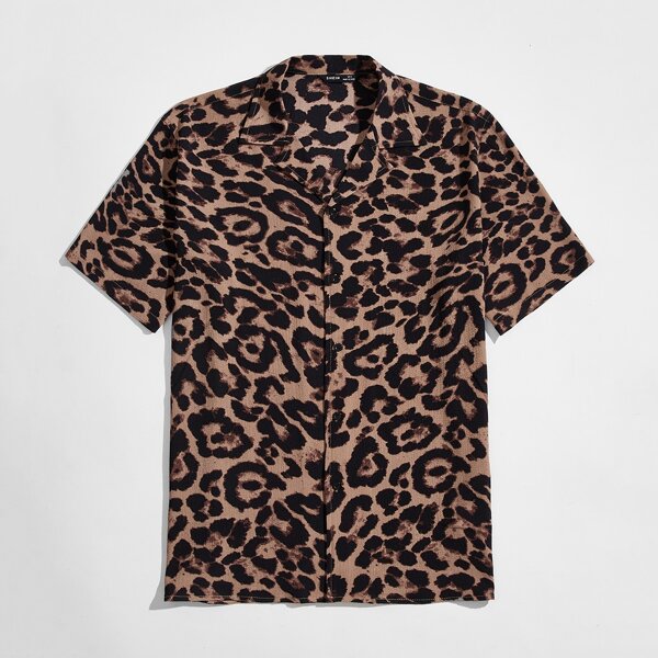 

Men Leopard Print Single Breasted Shirt, Multicolor