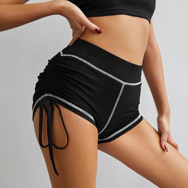 

Drawstring Ruched Side Biker Shorts, Black