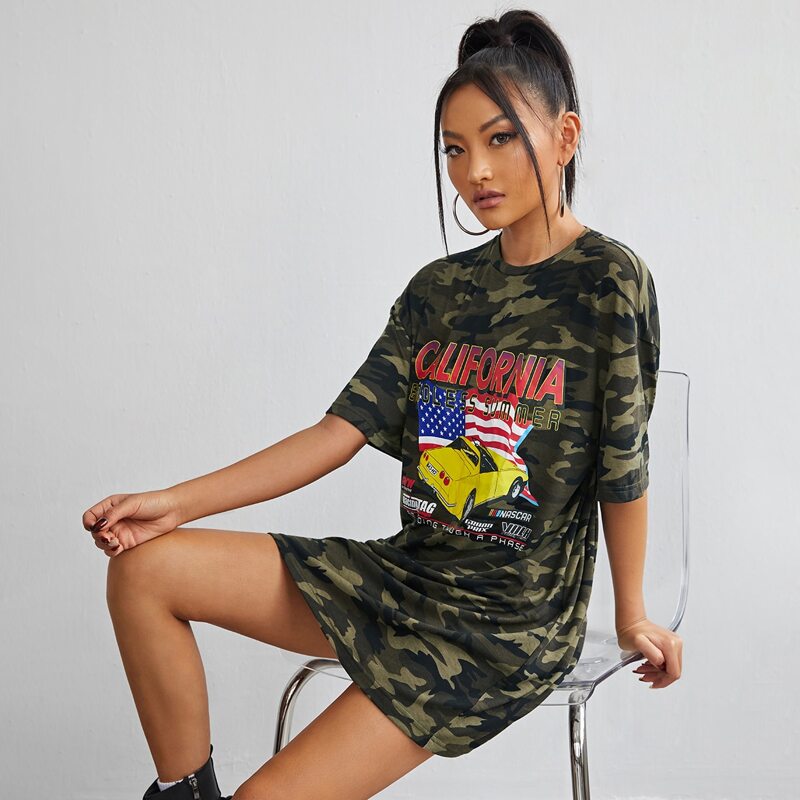 

Letter & Car Print Camo Tee Dress, Multicolor