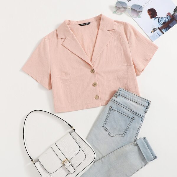 

Notched Collar Buttoned Front Blouse, Baby pink