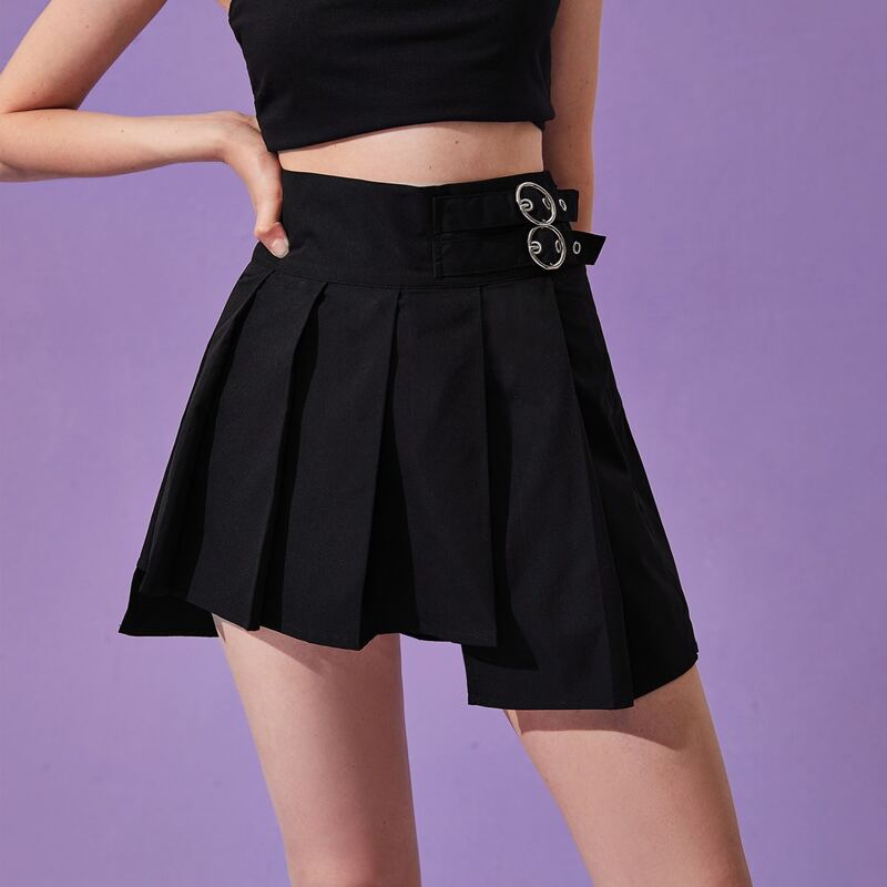 

Solid Pleated Grommet Eyelet Skirt, Black