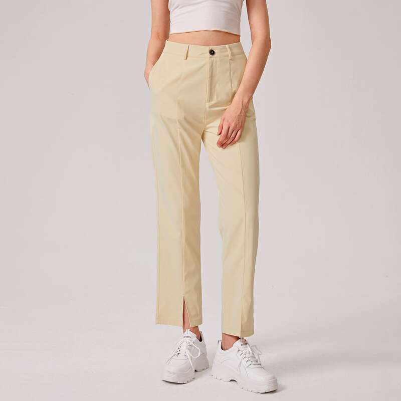 

Solid Straight Split Pants, Beige
