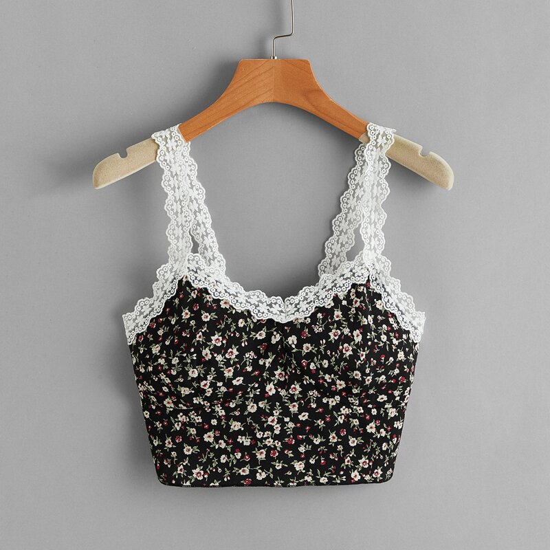 

Ditsy Floral Contrast Lace Shirred Cami, Multicolor