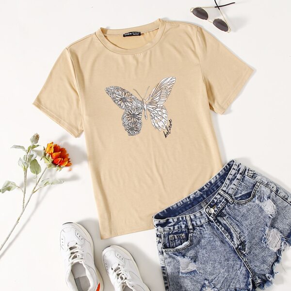

Butterfly & Letter Graphic Tee, Apricot