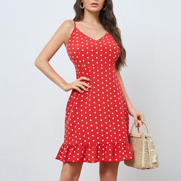 

Ruffle Hem Polka Dot Cami Dress, Red