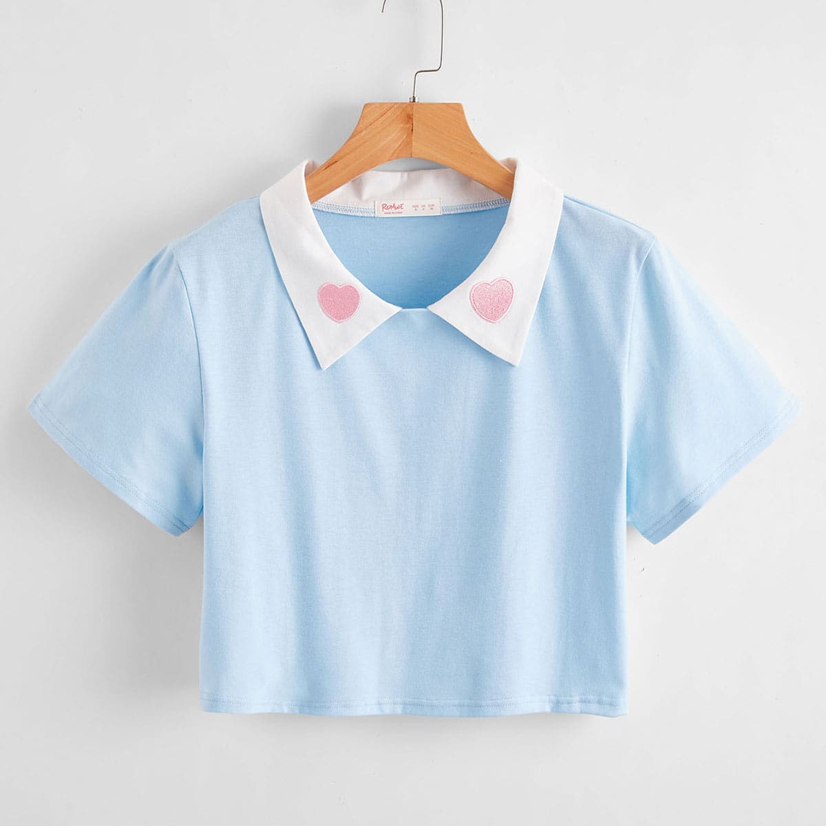 

Heart Embroidery Contrast Collar Crop Tee, Baby blue