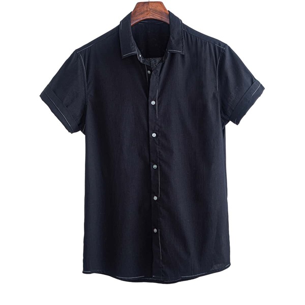 

Men Contrast Stitching Button Up Shirt, Black