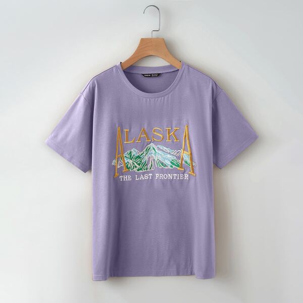 

Letter Embroidery Short Sleeve Tee, Lilac purple