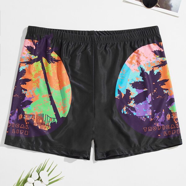 

Men Tropical And Letter Graphic Square Leg Swim Trunks, Multicolor