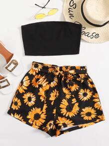 SHEIN Rib-knit Bandeau Crop Top & Belted Sunflower Shorts Set - Multicolor - View 1