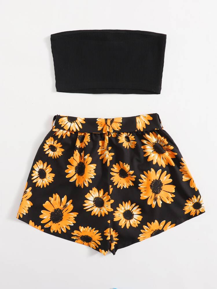 SHEIN Rib-knit Bandeau Crop Top & Belted Sunflower Shorts Set - Multicolor - View 2