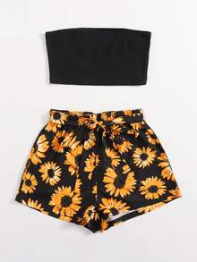 SHEIN Rib-knit Bandeau Crop Top & Belted Sunflower Shorts Set - Multicolor - View 3