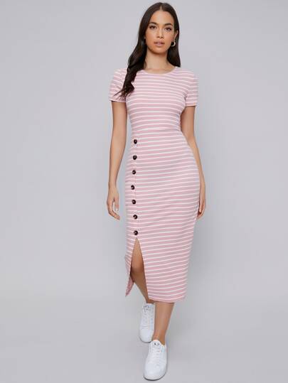 Mulvari Buttoned Front Split Hem Striped Dress