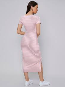 Mulvari Buttoned Front Split Hem Striped Dress - Baby Pink - View 2