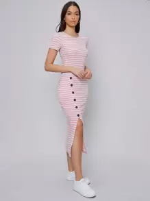 Mulvari Buttoned Front Split Hem Striped Dress - Baby Pink - View 3