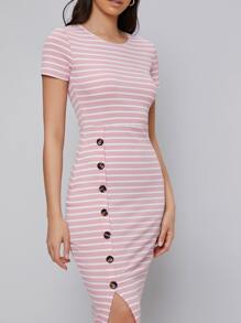 Mulvari Buttoned Front Split Hem Striped Dress - Baby Pink - View 4
