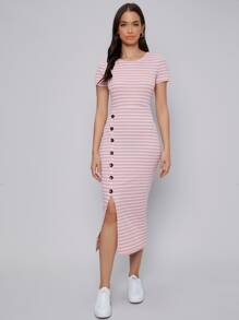 Mulvari Buttoned Front Split Hem Striped Dress - Baby Pink - View 5