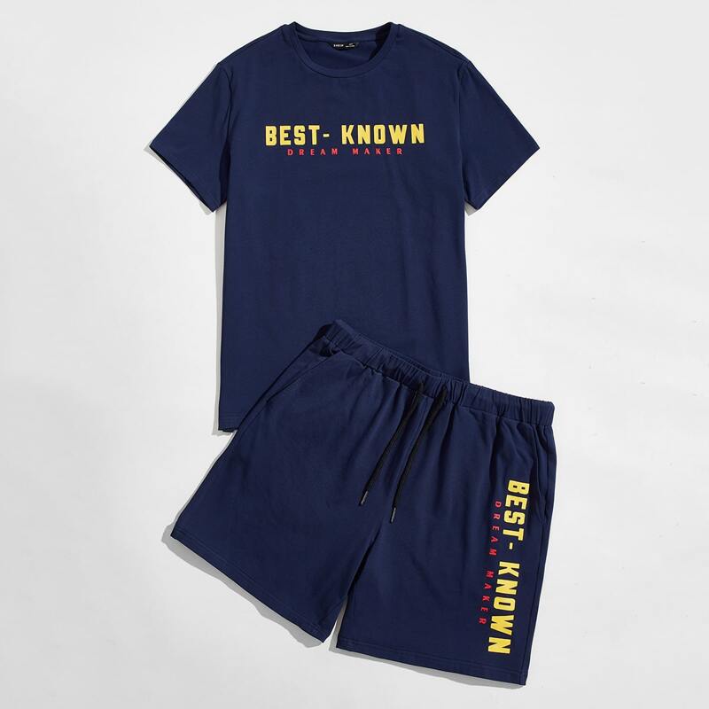 

Guys Letter Graphic Top & Track Shorts Set, Navy blue